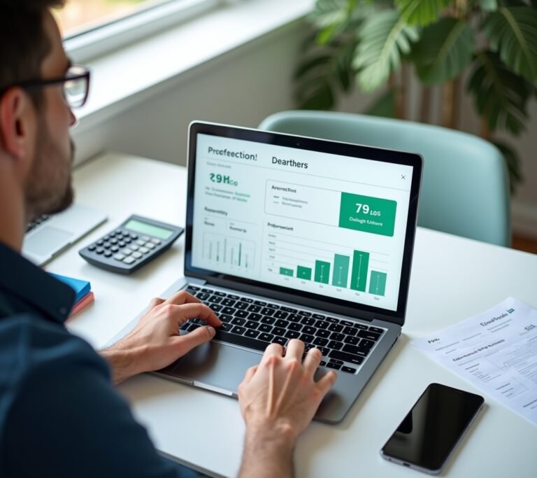 Small business owner reviewing a printed pricing comparison sheet next to an open laptop, no text, logos, or watermarks