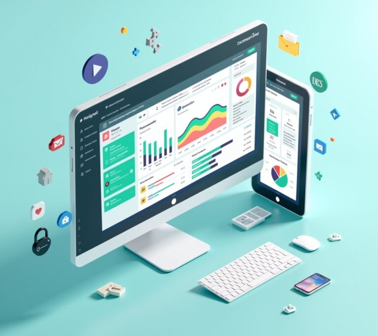 Business owner reviewing a simple abstract dashboard with highlighted feature icons on a laptop, no text, logos, or watermarks