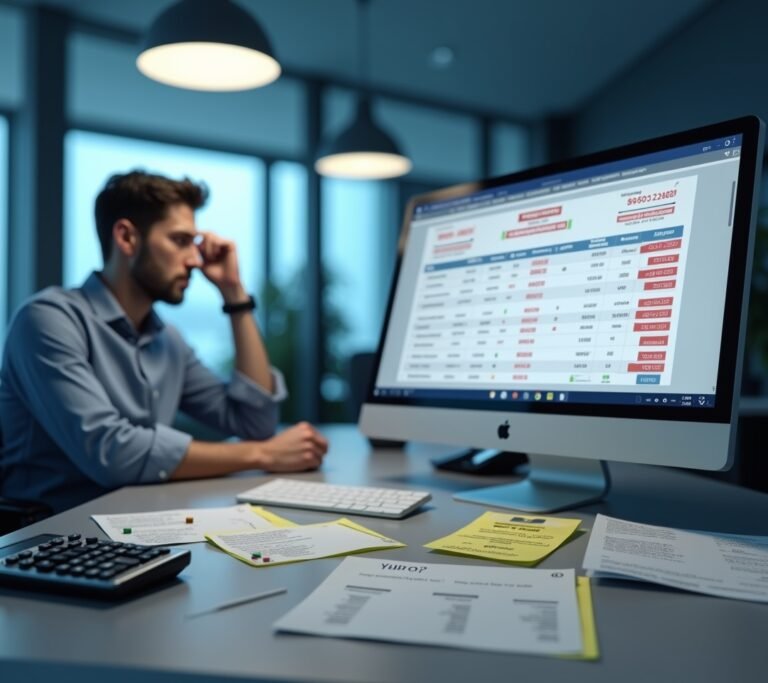 Business owner looking concerned at a laptop screen showing a simple abstract error icon on a report, no text, logos, or watermarks