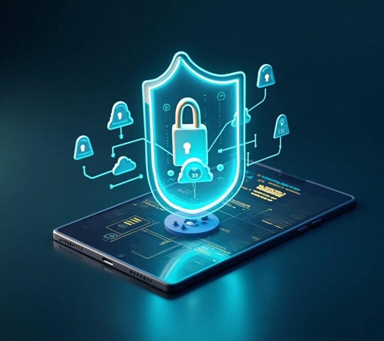 Business owner looking at a laptop screen showing a simple abstract padlock icon over a dashboard, no text, logos, or watermarks