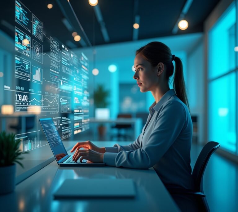 Business owner looking at a laptop screen showing simple abstract trend line icons, forward-looking mood, no text, logos, or watermarks