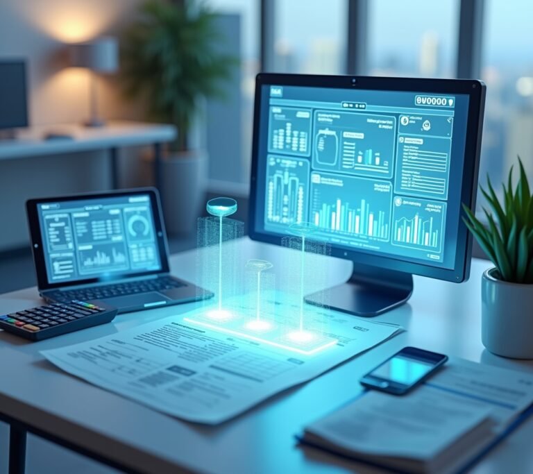 Small business owner looking thoughtfully at a laptop screen showing simple abstract automated workflow icons, no text, logos, or watermarks