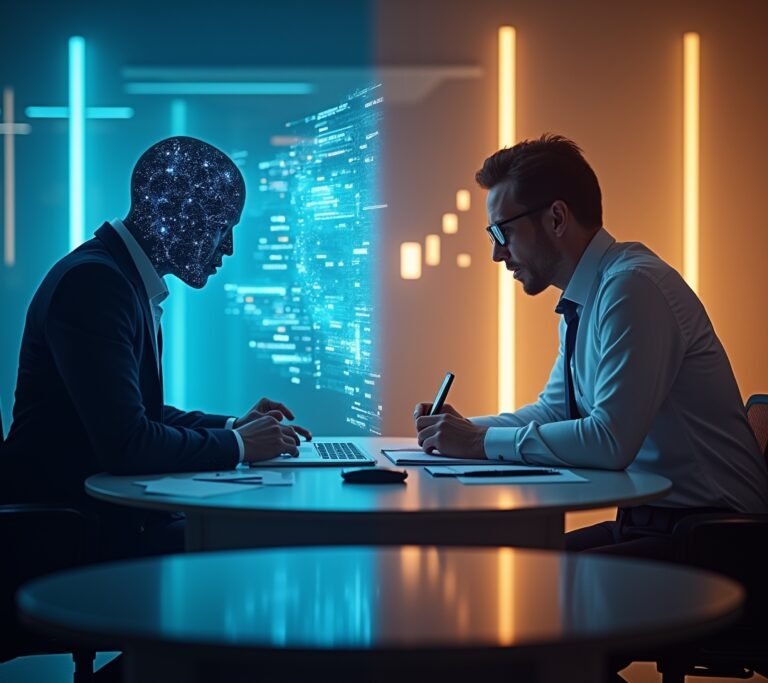 Split desk scene with a laptop on one side and a person reviewing paper ledgers on the other, no text, logos, or watermarks