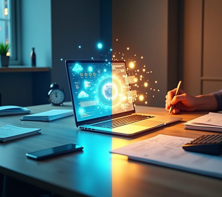 Split image style desk with a laptop on one side and stacked paper ledgers on the other, no text, logos, or watermarks