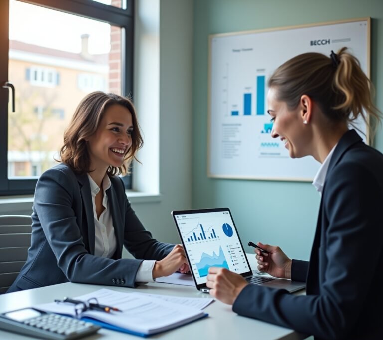 Small business owner smiling while on a video call with a laptop showing a simple abstract bookkeeping dashboard, no text, logos, or watermarks