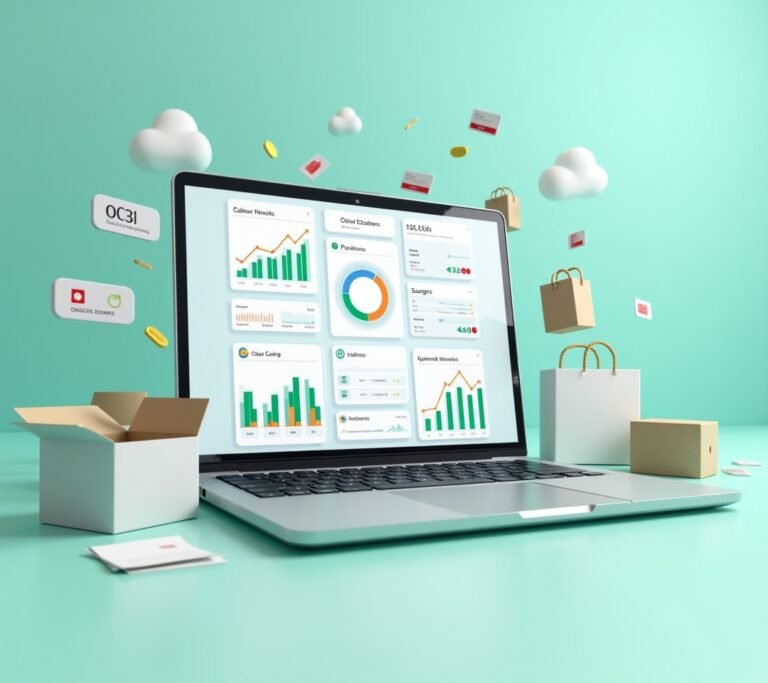 Small business owner packing boxes near a desk with a laptop showing a simple abstract sales dashboard, no text, logos, or watermarks