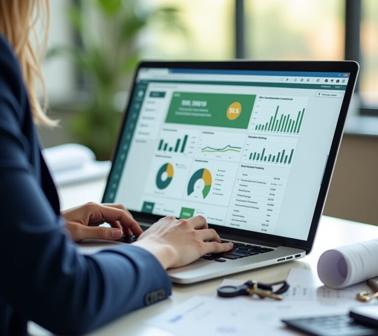 Real estate agent reviewing a simple abstract commission tracking dashboard on a laptop, no text, logos, or watermarks