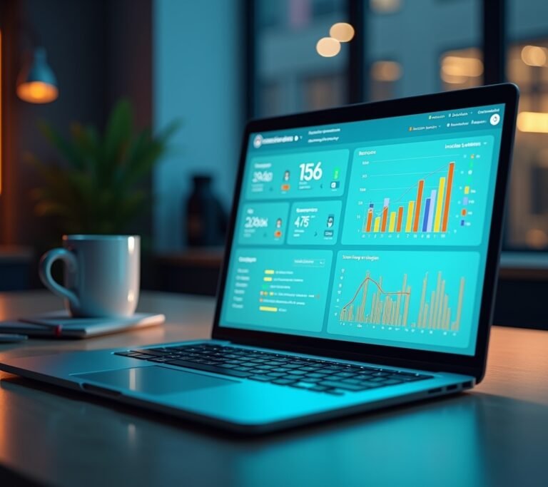 Small business owner smiling while reviewing a colorful financial dashboard on a laptop in a bright home office, no text, logos, or watermarks