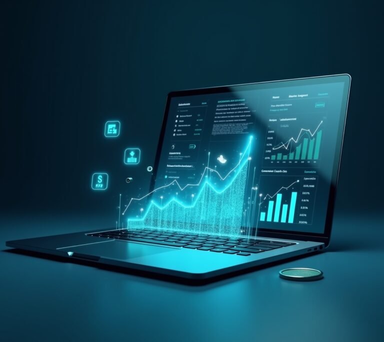 Business owner reviewing a simple abstract upward trend chart on a laptop screen at a desk, no text, logos, or watermarks
