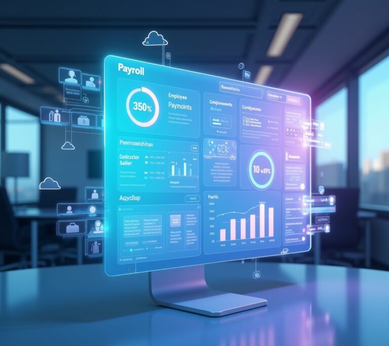 Small business owner reviewing a simple abstract payroll dashboard on a laptop in a bright office, no text, logos, or watermarks