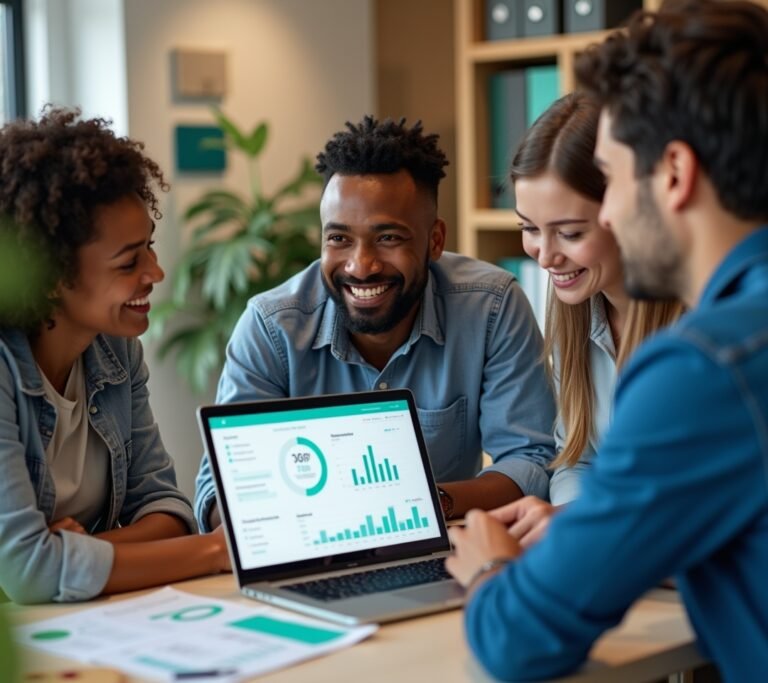 Person reviewing a simple abstract fund tracking dashboard on a laptop in a bright shared office, no text, logos, or watermarks
