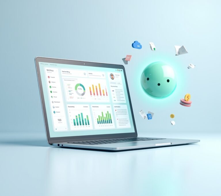 Small business owner smiling at a laptop screen showing a simple abstract free-tier dashboard, no text, logos, or watermarks