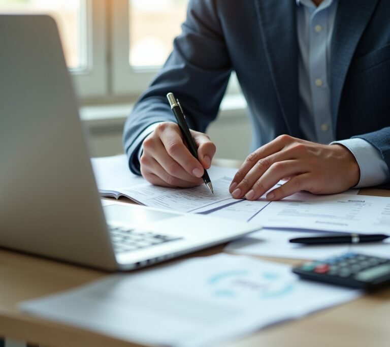 Small business owner reviewing a printed pricing comparison sheet next to an open laptop, no text, logos, or watermarks