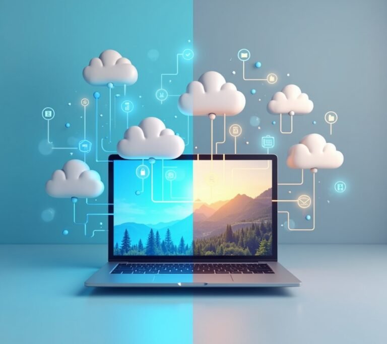 Split desk scene with a laptop showing a cloud icon on one side and an older desktop computer on the other, no text, logos, or watermarks