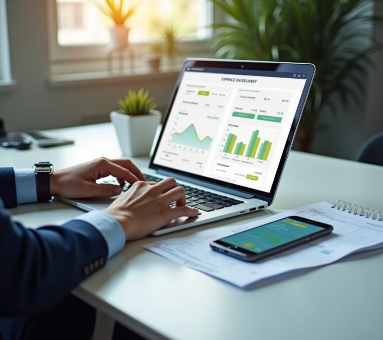 Freelancer at a home desk reviewing a simple abstract expense dashboard on a laptop, no text, logos, or watermarks