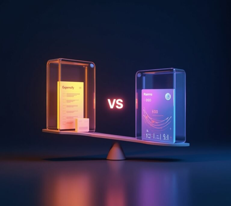 Two laptops side by side on a desk each showing a different simple abstract expense dashboard, no text, logos, or watermarks