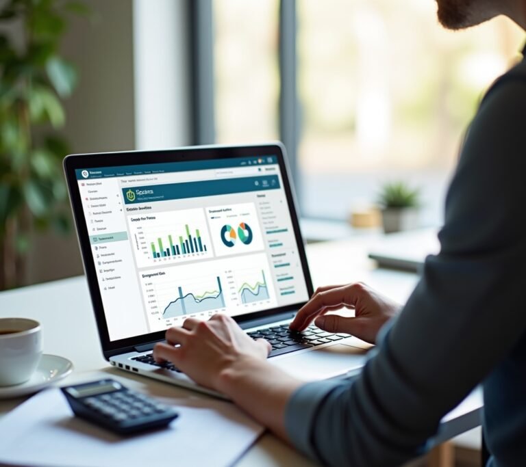 Freelancer at a bright home office desk reviewing a simple abstract dashboard on a laptop, no text, logos, or watermarks