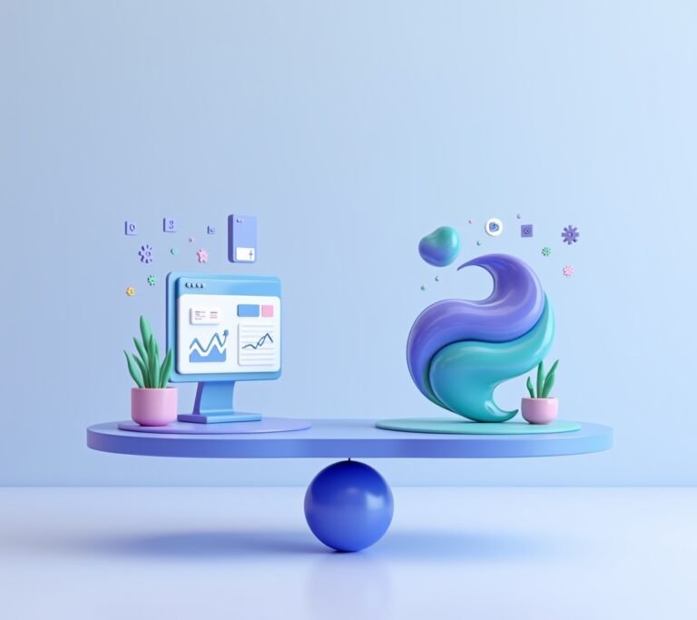 Two laptops side by side on a table each showing a different simple abstract dashboard style, no text, logos, or watermarks