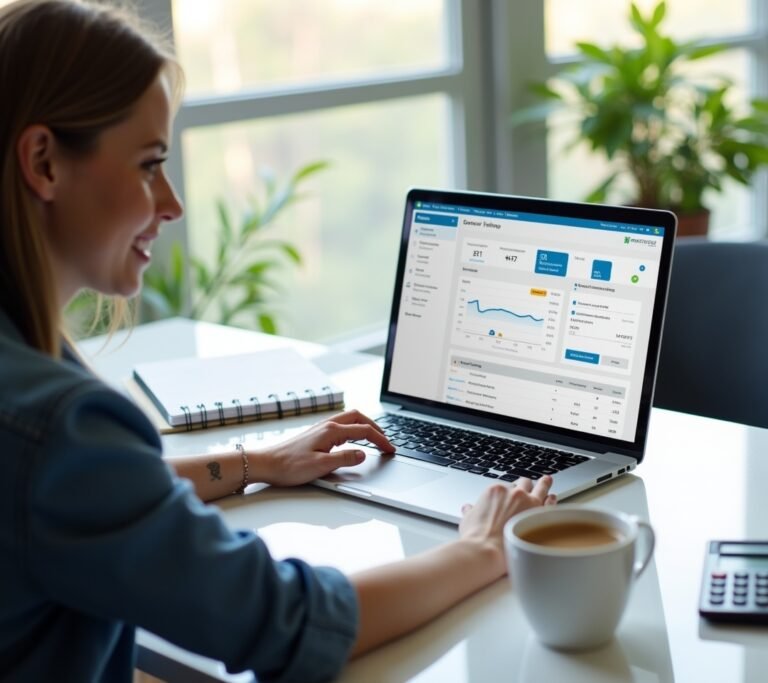 Freelancer sitting on a porch with a laptop, screen showing an abstract simple invoice dashboard, no text, logos, or watermarks