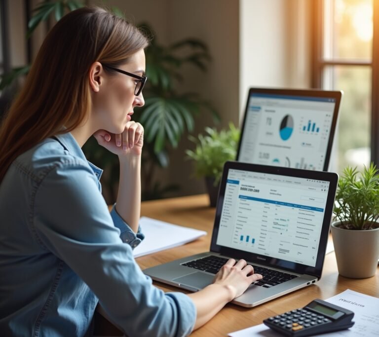 Small business owner reviewing a simple abstract payroll dashboard on a laptop in a bright office, no text, logos, or watermarks