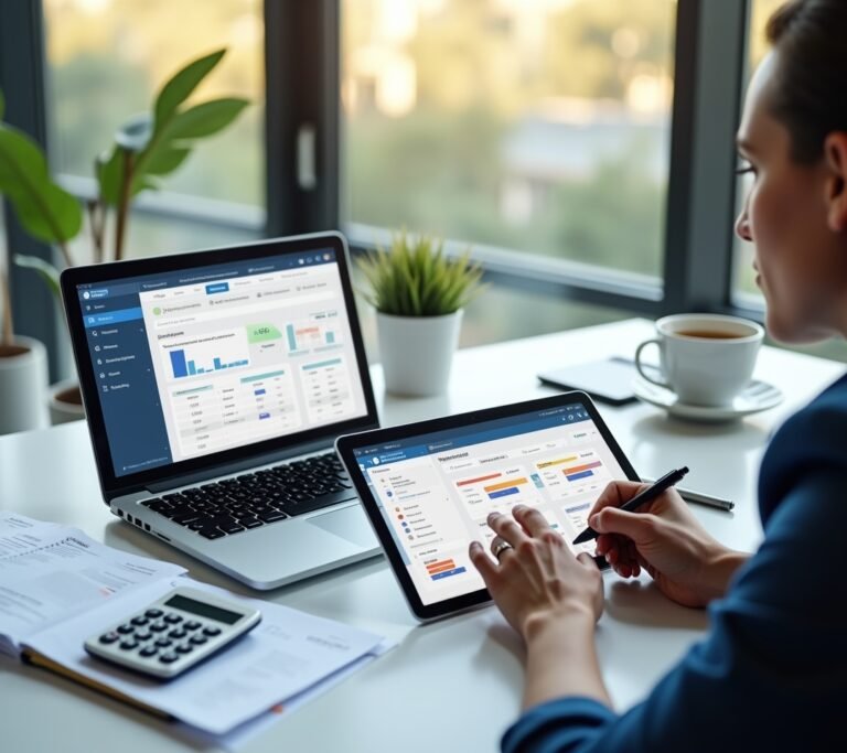 Small business owner comparing several laptop tabs open with different abstract dashboard previews, no text, logos, or watermarks