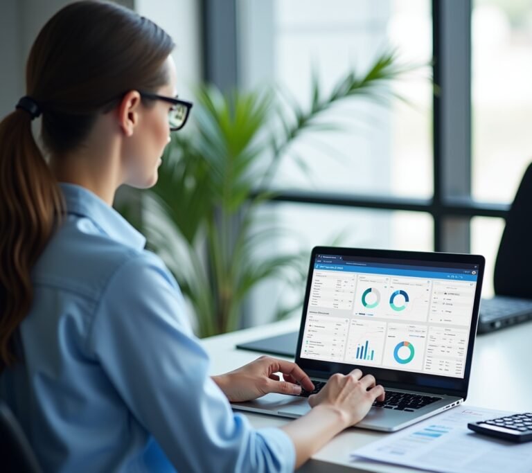 Small business owner on a video call with a laptop showing a simple abstract financial summary, no text, logos, or watermarks