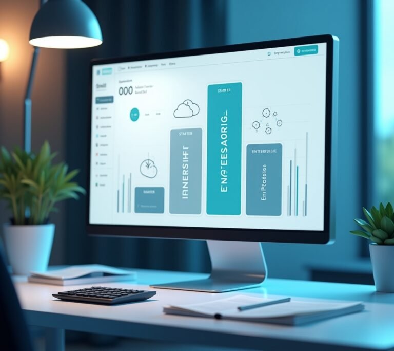 Business owner reviewing a printed pricing proposal next to an open laptop in a modern office, no text, logos, or watermarks