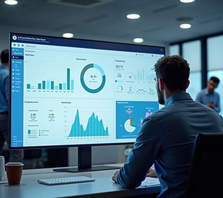 Business owner at a modern office desk reviewing a simple abstract enterprise dashboard on a large laptop screen, no text, logos, or watermarks