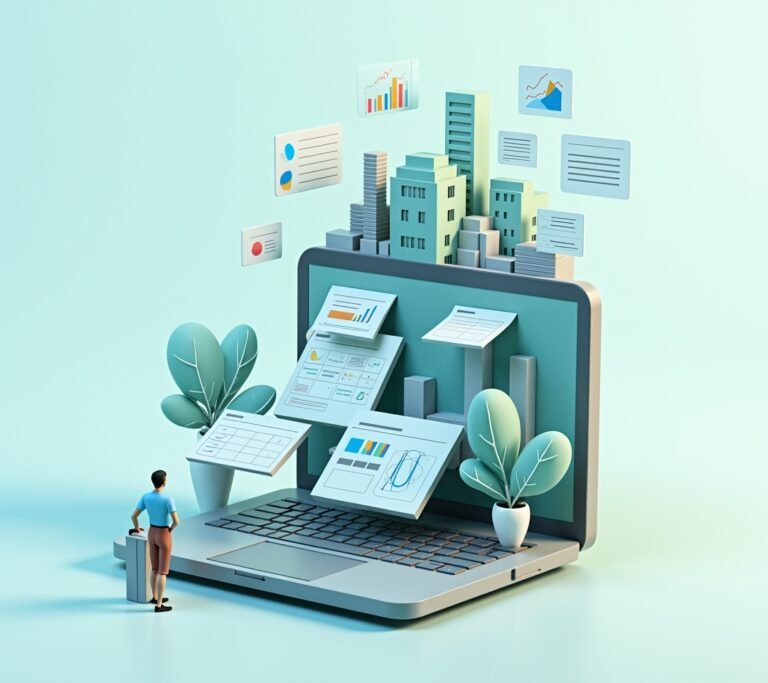 Business owner looking frustrated at a laptop screen showing a simple abstract overloaded spreadsheet icon, no text, logos, or watermarks