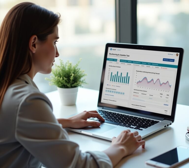 Founder working on a laptop in a bright startup office with a simple abstract dashboard on screen, no text, logos, or watermarks