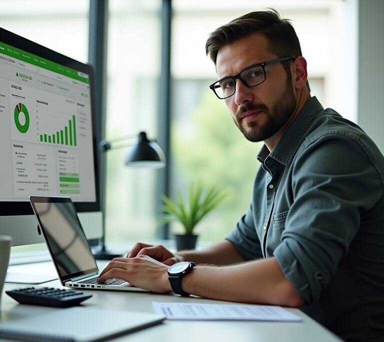Freelancer sitting at a kitchen table looking at a laptop with a generic green-toned financial chart on screen, no text, logos, or watermarks