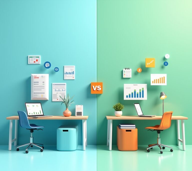 Two open laptops on a shared desk, each displaying a different simple abstract invoice layout, no text, logos, or watermarks