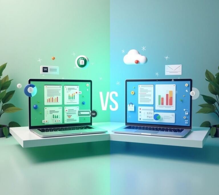 Split-screen style photo of two laptops side by side on a desk, each showing a different abstract dashboard color scheme, no text, logos, or watermarks
