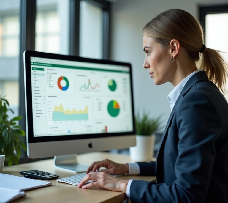 Business owner reviewing a simple abstract dashboard on a laptop in a bright modern office, no text, logos, or watermarks