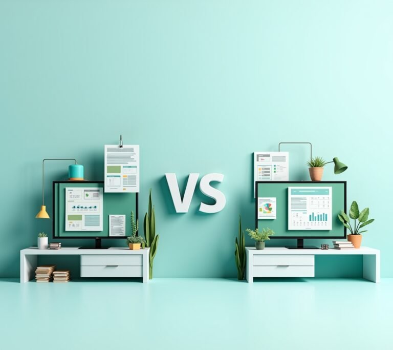 Two laptops side by side on a shared desk each showing a different abstract dashboard style, no text, logos, or watermarks
