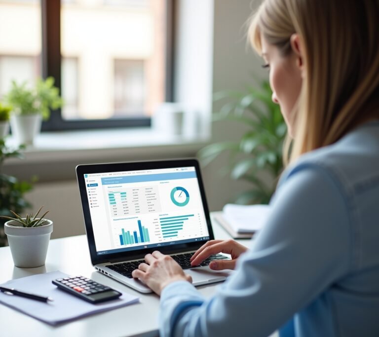 Freelancer at a home desk reviewing a simple abstract dashboard on a laptop, relaxed setting, no text, logos, or watermarks