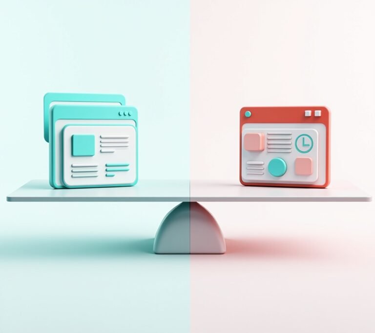 Two laptops side by side on a table each showing a different simple abstract dashboard style, no text, logos, or watermarks