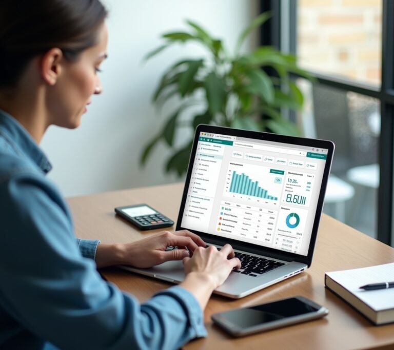 Freelancer at a bright home office desk reviewing a simple abstract dashboard on a laptop, no text, logos, or watermarks