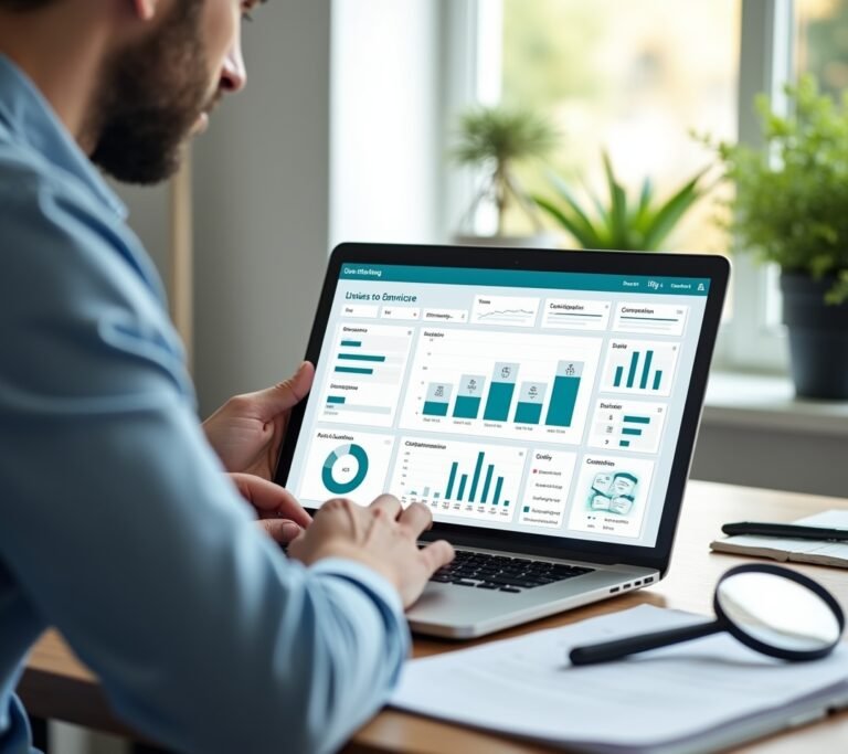 Business owner at a desk reviewing a simple abstract dashboard on a laptop, bright modern office, no text, logos, or watermarks