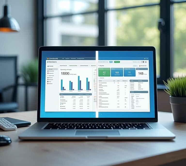 Two laptops side by side on a table showing different simple abstract dashboard layouts, no text, logos, or watermarks