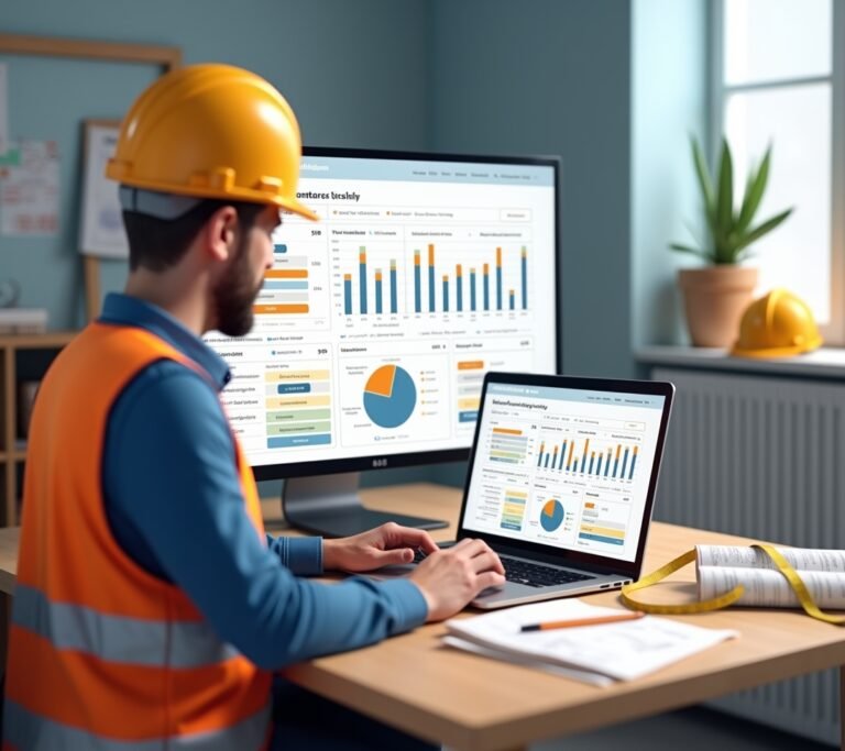 Contractor reviewing a simple abstract job costing dashboard on a laptop at a job site trailer desk, no text, logos, or watermarks