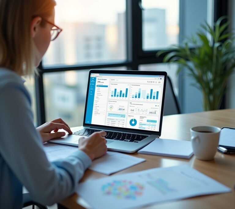 Small business owner reviewing a simple abstract bookkeeping dashboard on a laptop in a bright office, no text, logos, or watermarks