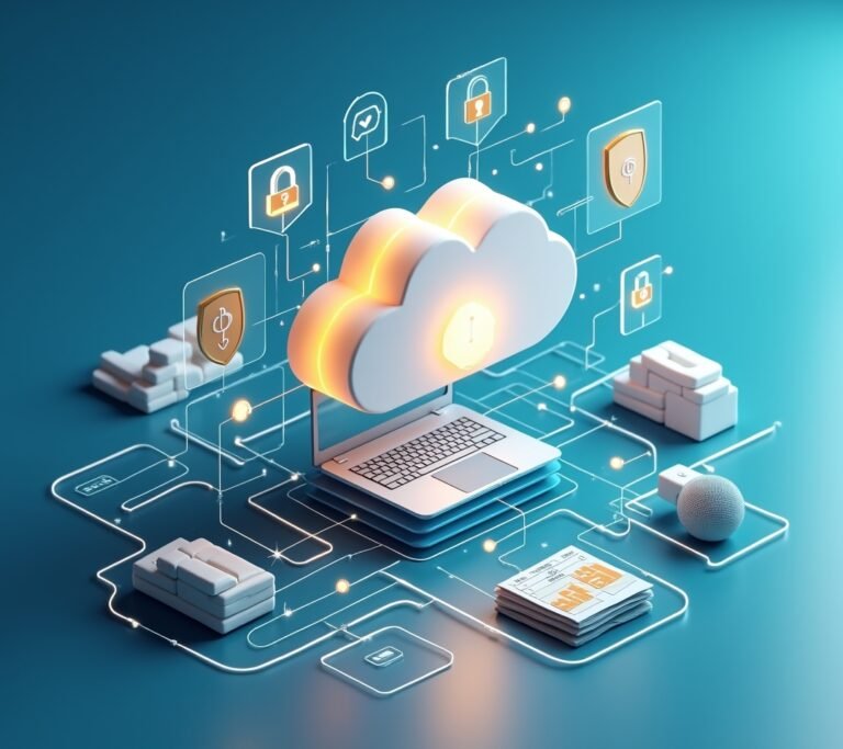Business owner looking at a laptop screen showing a simple abstract padlock and cloud icon, no text, logos, or watermarks
