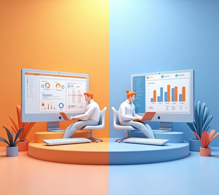 Two laptops side by side on a table each showing a different simple abstract invoice dashboard, no text, logos, or watermarks