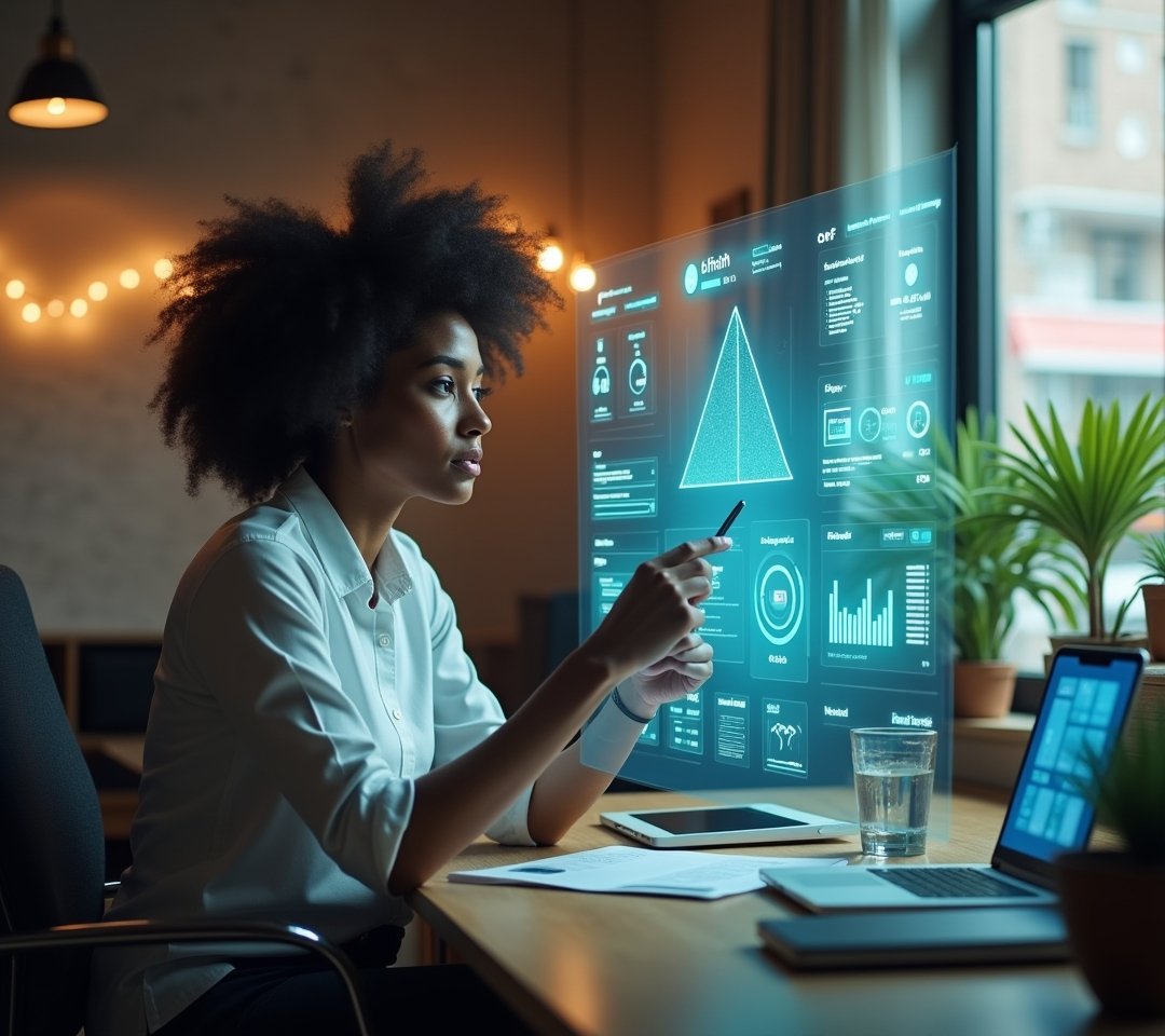 Business owner looking at a laptop screen showing simple abstract forward-pointing trend icons, no text, logos, or watermarks