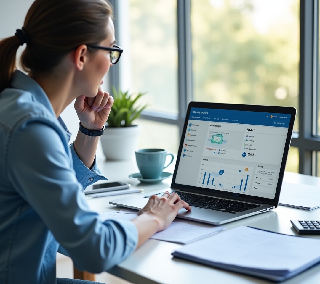 Small business owner reviewing a simple abstract payment dashboard on a laptop at a desk, no text, logos, or watermarks
