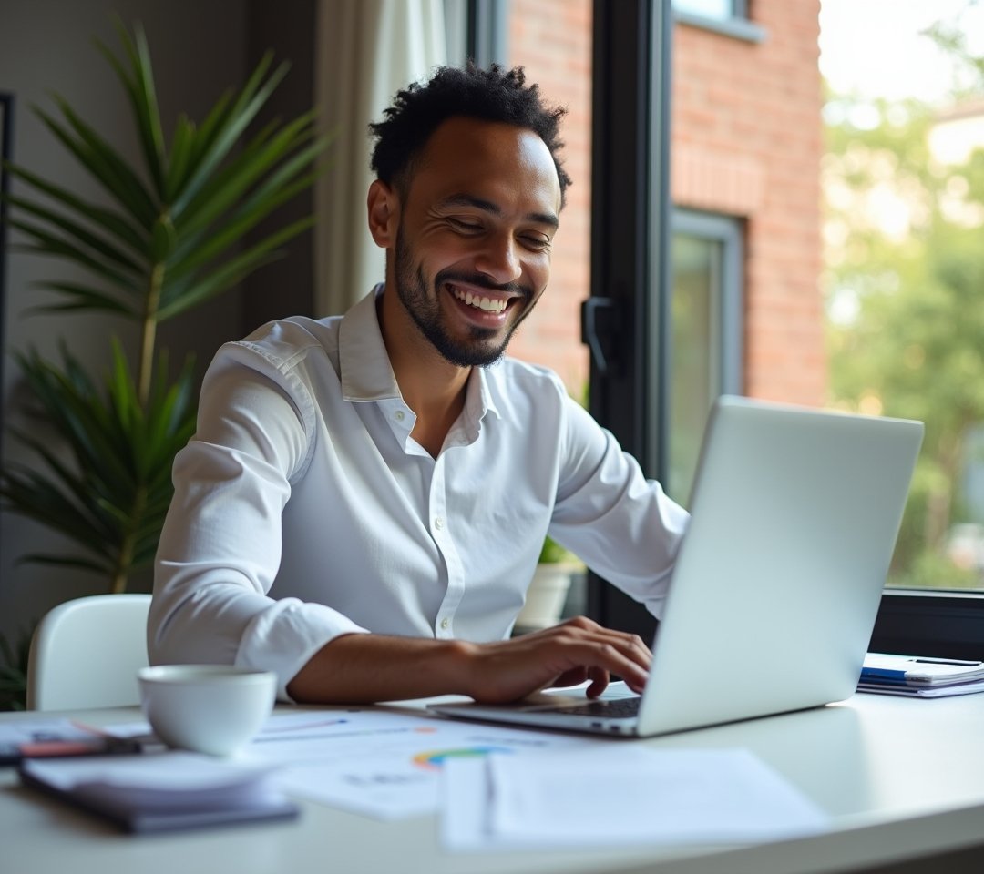 Business owner organizing printed tax documents next to an open laptop showing a simple abstract checklist, no text, logos, or watermarks