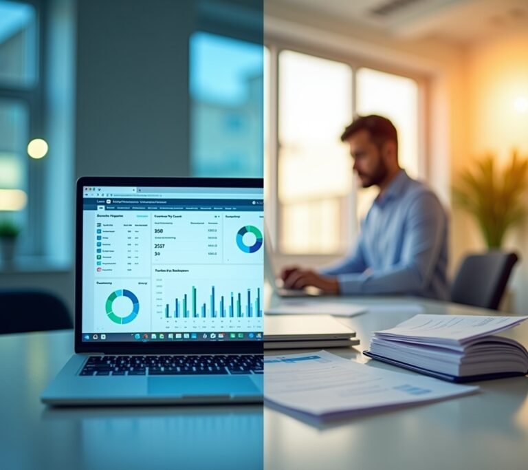 Two laptops side by side on a table each showing a different simple abstract dashboard style, no text, logos, or watermarks